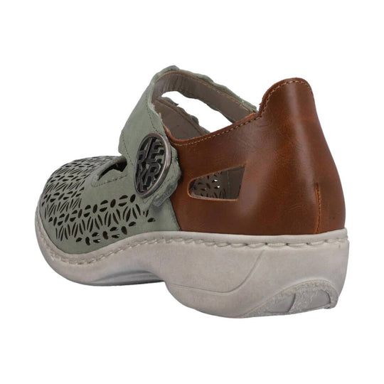 Olive and brown closed-toe sandal with laser-cut floral cutouts and a white sole