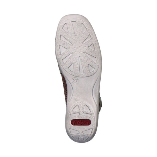 White shoe sole with triangular tread cutouts, size 37 marking, and rieker logo near the heel