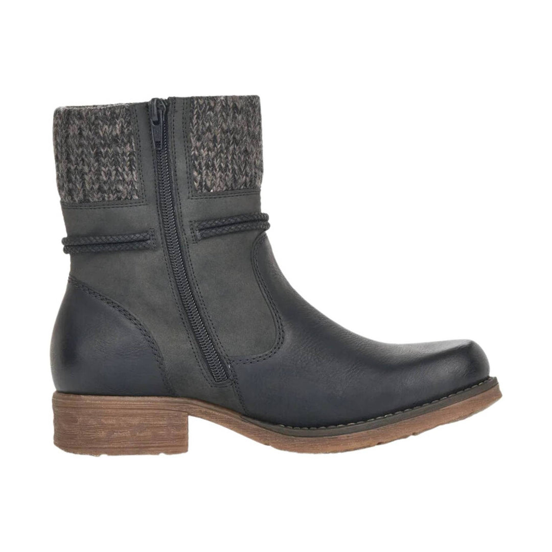 Black ankle boot with knit cuff, side zipper, and low wood-look heel