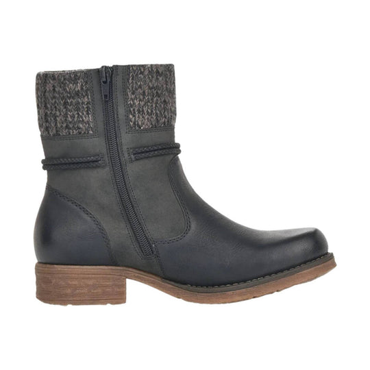 Black ankle boot with knit cuff, side zipper, and low wood-look heel