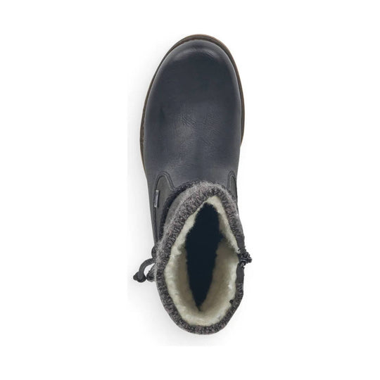 Black pull-on winter boot with faux-fur lining and rounded toe, top view