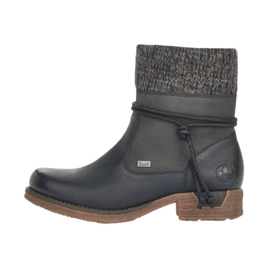 Black ankle boot with knit cuff, braided tie detail, and wood-look heel
