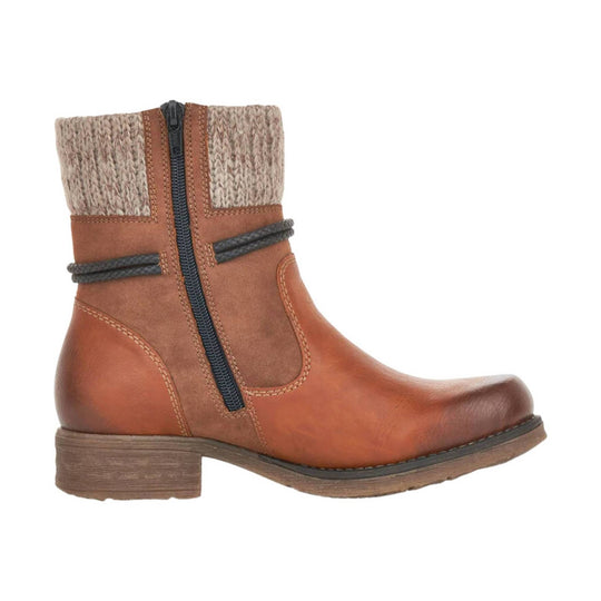 Brown ankle boot with knit cuff, side zipper, and low stacked heel