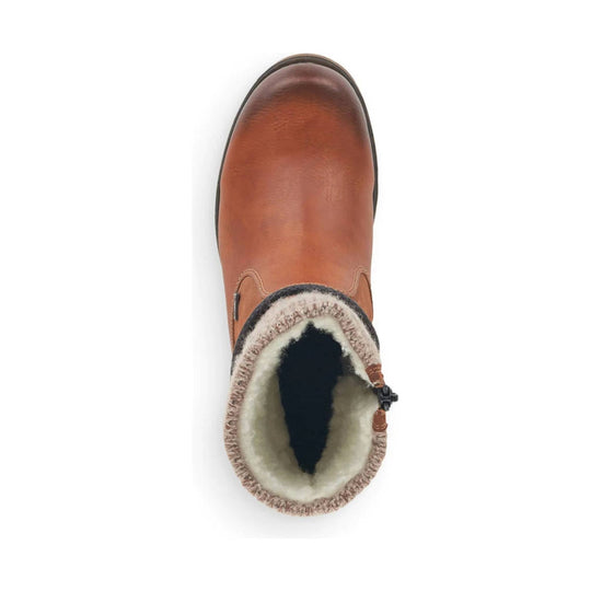 Tan suede ankle boot with fleece lining and side zipper, top-down view