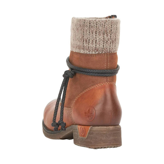 Brown leather ankle boot with knit cuff, black wraparound laces, and a low heel, rear view