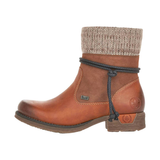 Brown ankle boot with knit cuff and black wraparound tie laces