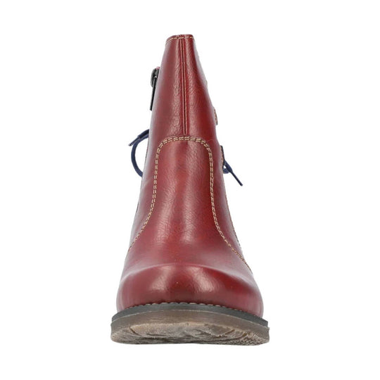 Burgundy leather ankle boot with side zipper and stitching details, front view