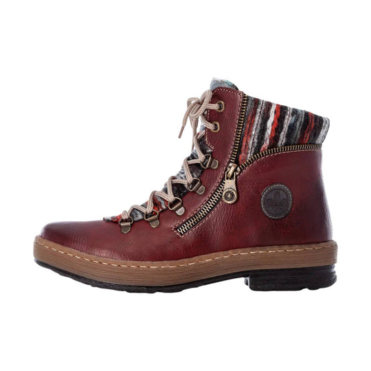 Burgundy lace-up ankle boot with side zipper, patterned knit collar, and tan sole