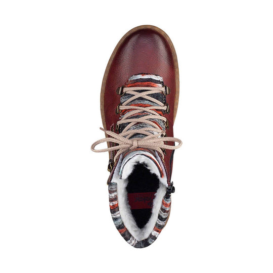 Burgundy lace-up ankle boot with patterned collar, shearling lining, and cream laces