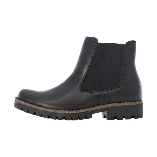 Black ankle boot with elastic side panel, rounded toe, and lug sole