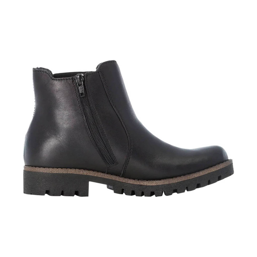 Black ankle boot with side zipper, round toe, and lug sole