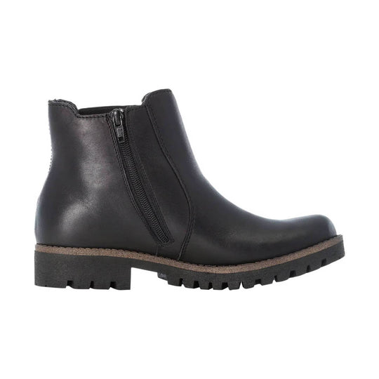 Black ankle boot with side zipper, round toe, and lug sole
