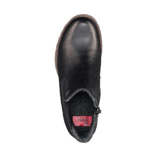 Black ankle boot with rounded toe, side zipper, and fleece-lined opening, viewed from above.
