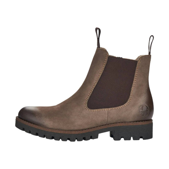 Brown ankle boot with elastic side panel, pull tabs, and lug sole, shown in side view
