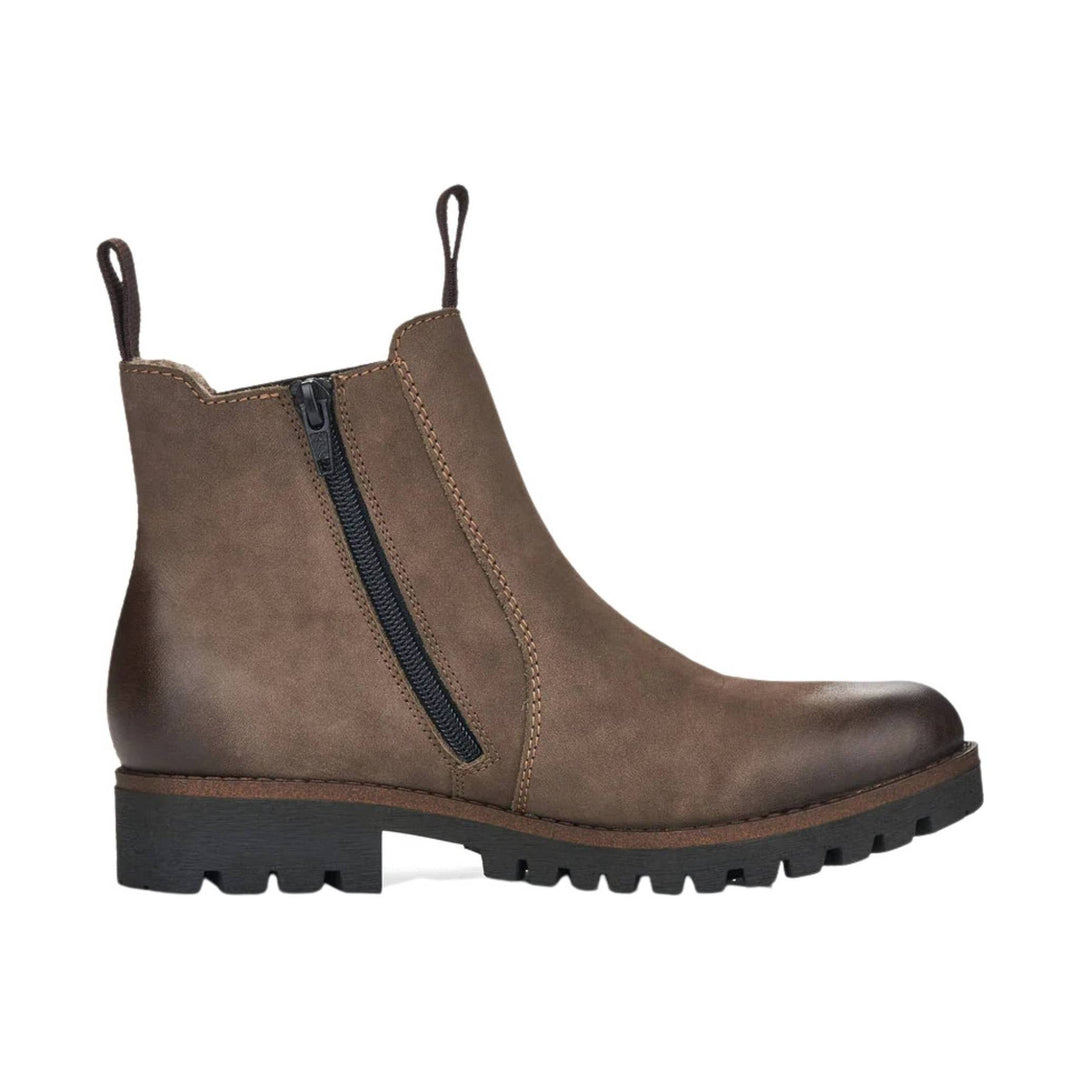 Brown ankle boot with side zipper, pull tabs, and black lug sole
