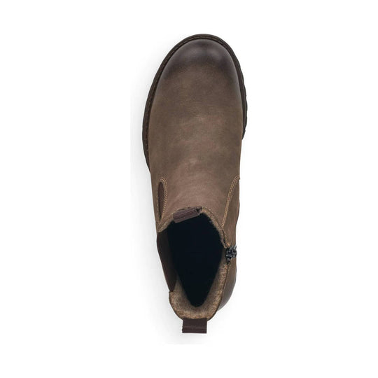 Brown ankle boot with side zipper and fleece lining, top view