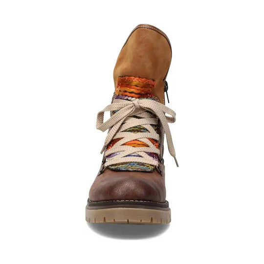 Brown lace-up boot with multicolor woven tongue and cream laces, front view