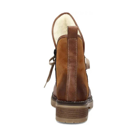 Brown ankle boot shown from the back with a chunky stacked heel and beige lining