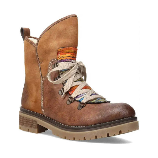 Brown lace-up boot with multicolor woven tongue, metal hooks, and lug sole