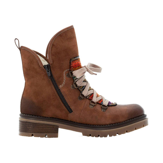 Brown mid-calf lace-up boot with side zipper, chunky lug sole, and multicolor woven collar detail