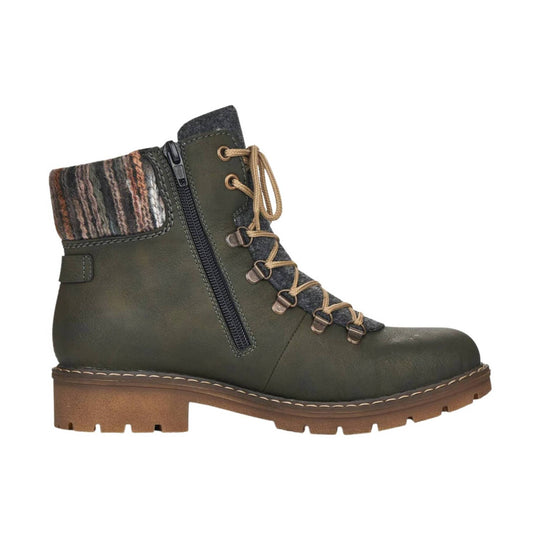 Olive green lace-up ankle boot with side zipper, patterned collar, and tan lug sole