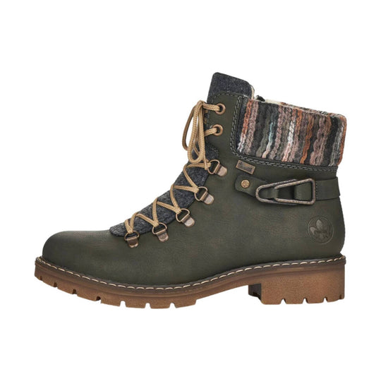 Olive green ankle boot with multicolor cuff, tan laces, and thick lug sole