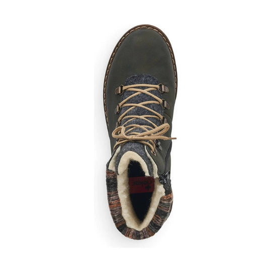 Green lace-up winter boot with fleece lining and multicolor knit collar, viewed from above