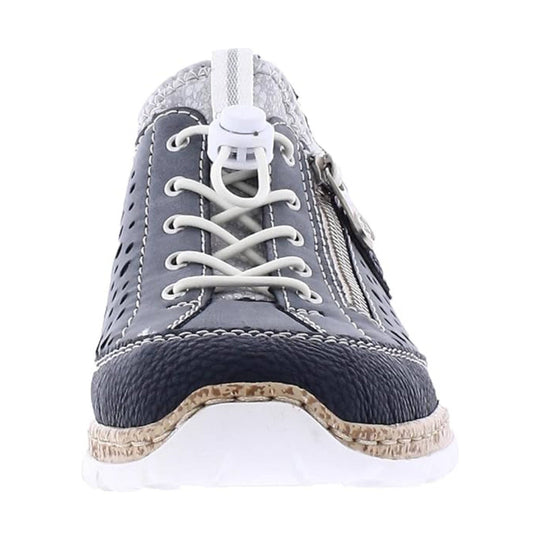 Gray lace-up sneaker with side zipper, perforated side panels, and a white sole