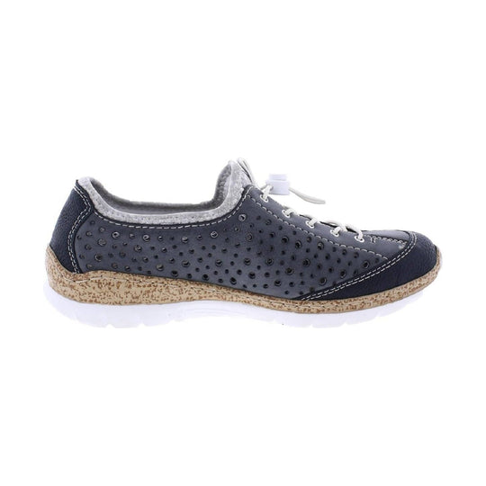 Gray and navy low-top sneaker with perforated side panels, white laces, and speckled cork-style sole