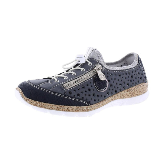 Gray-blue perforated lace-up sneaker with side zipper and cork-textured midsole