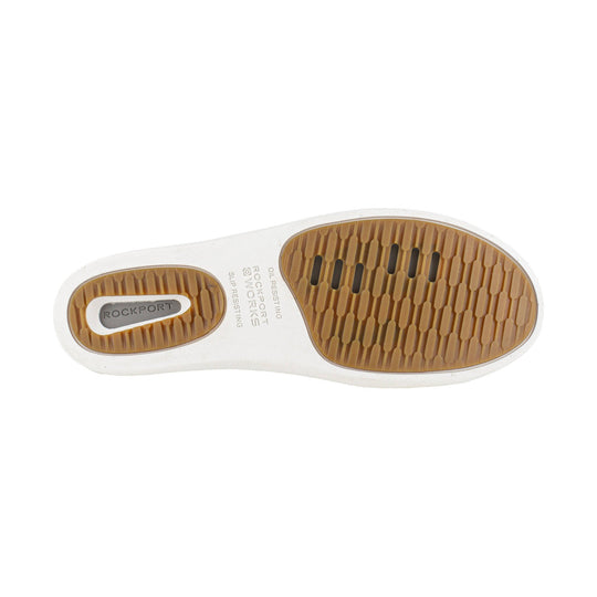 White and tan slip-resistant shoe outsole with Rockport branding and tread details