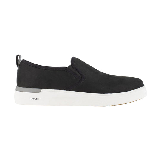 Black slip-on shoe with white sole and pull tab, side view