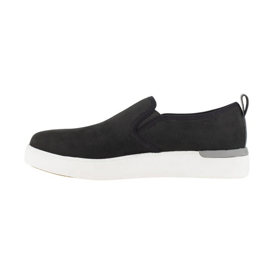 Black slip-on work shoe with a white platform sole and heel pull tab