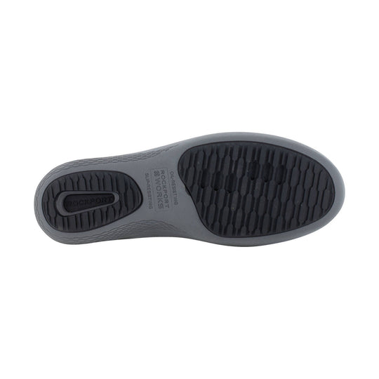 Black and gray work boot outsole with textured tread and Rockport Works branding
