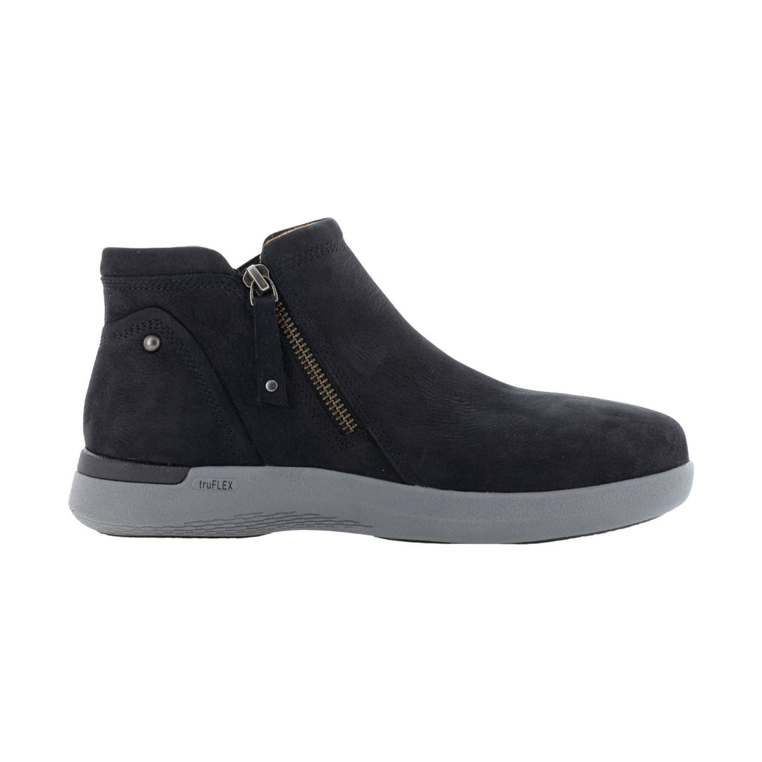 Black ankle work bootie with side zipper and gray sole