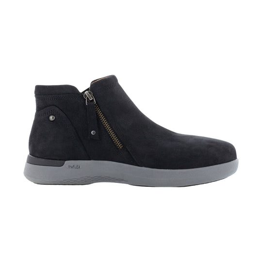 Black ankle work bootie with side zipper and gray sole