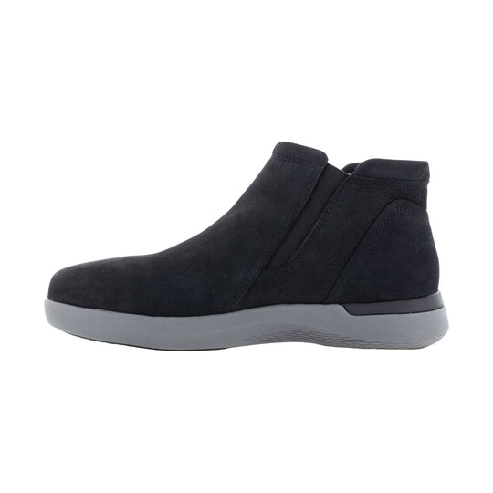 Black ankle boot with gray sole and side zipper