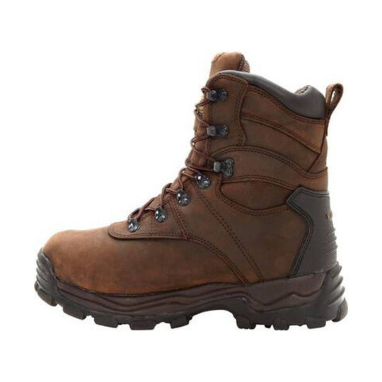 Brown leather lace-up work boot with a padded collar and lugged sole, side view