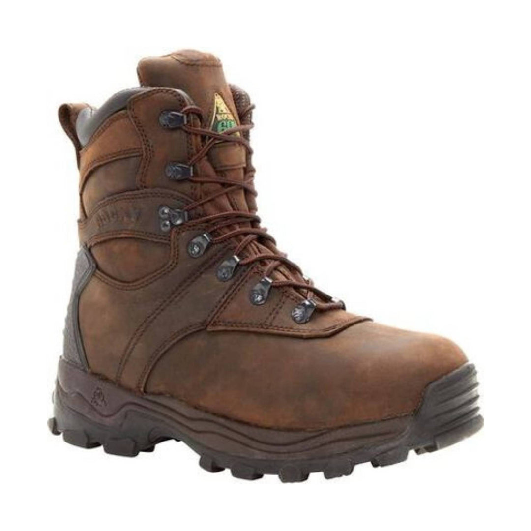 Brown insulated lace-up work boot with thick treaded sole