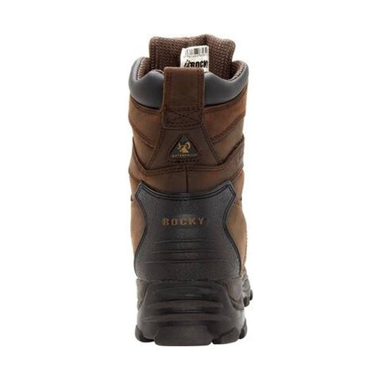 Brown insulated work boot shown from the back with black heel panel and lug sole