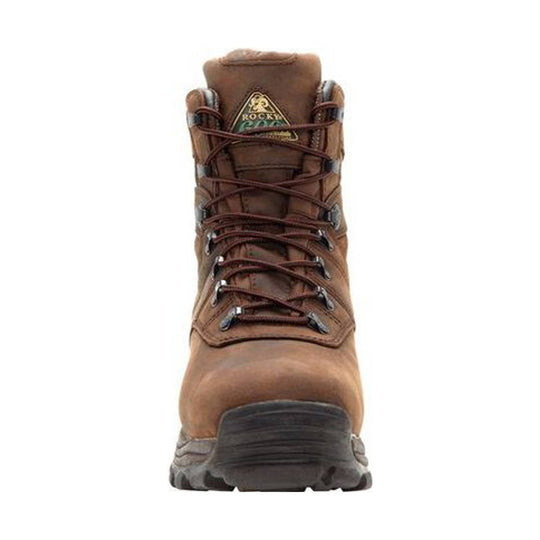 Brown lace-up work boot with padded tongue and black lug sole
