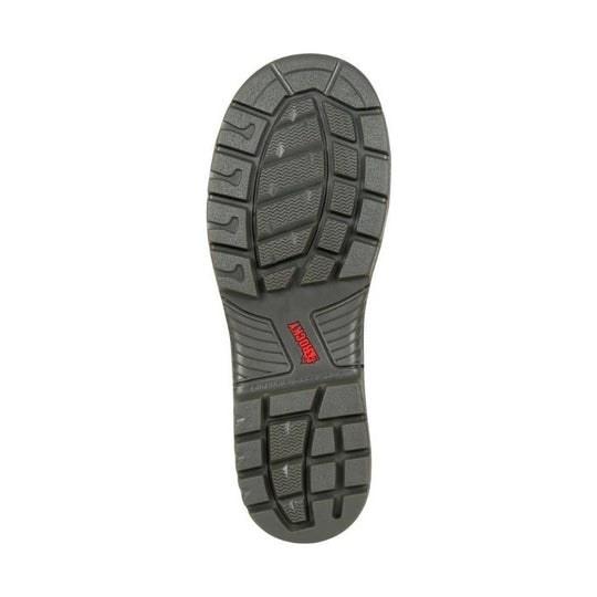 Gray rugged rubber boot outsole with deep tread and red Rocky logo
