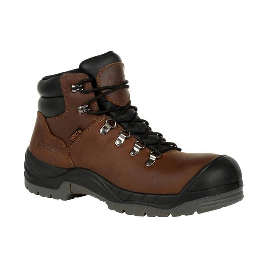 Brown and black work boot with metal lace hooks, padded ankle collar, and rugged treaded sole