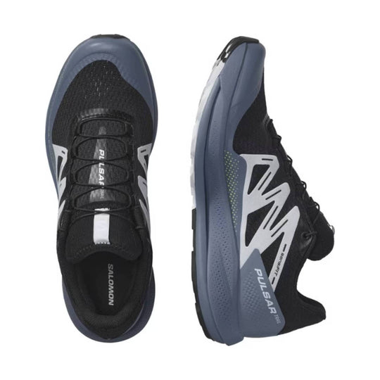 Black trail running shoe with blue sole, white side overlays, and visible laces, shown top and side views