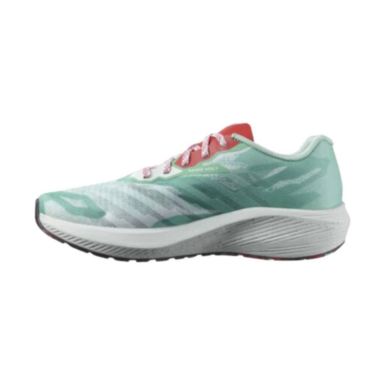 Mint green and white running shoe with pink laces and a thick white midsole, side view