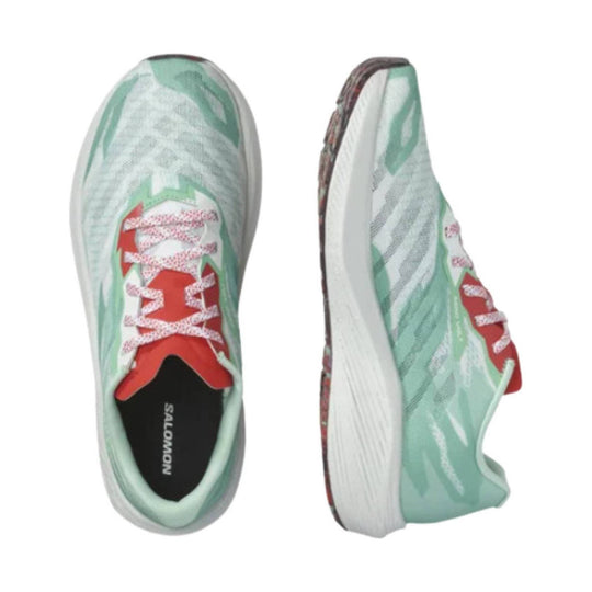 Mint green running shoe with red laces and white sole, shown in top and side views