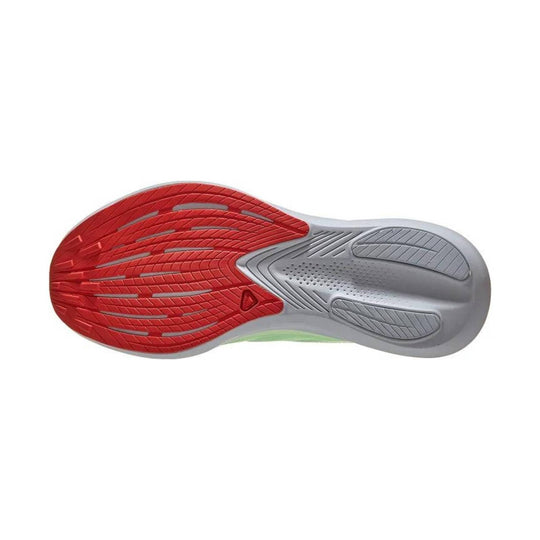 Red and gray running shoe outsole with segmented tread and perforated midfoot
