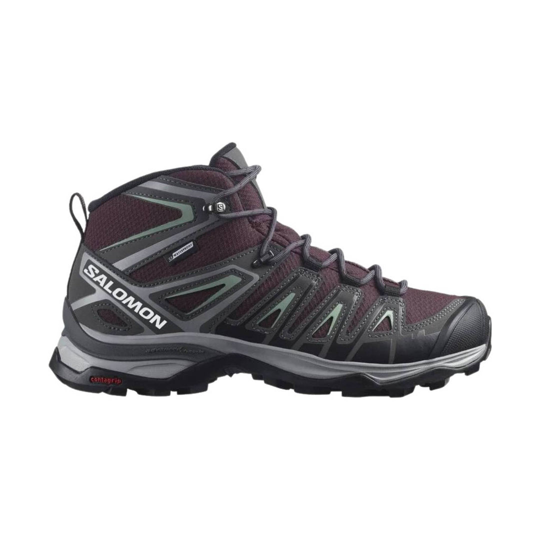 Mid-height hiking boot in burgundy and gray with bungee laces, side overlays, and a lugged black outsole