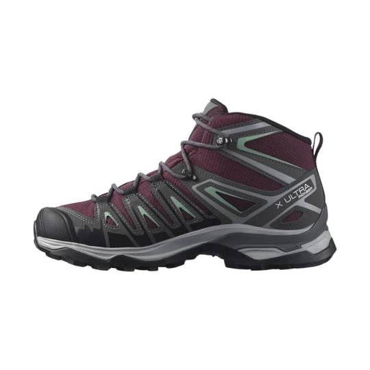 Mid-height hiking boot in burgundy and dark gray with bungee laces and rugged tread