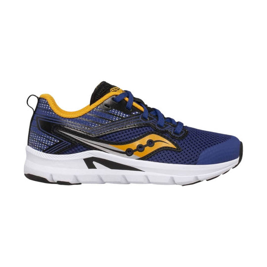 Blue mesh running shoe with yellow trim, black overlays, and a white foam sole, shown in side view